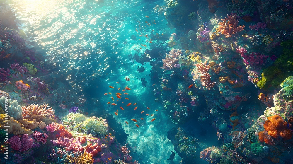 Sunlit Coral Reef with Vibrant Fish and Diverse Coral Formations Sunlit Coral Reef with Vibrant Fish and Diverse Coral Formations