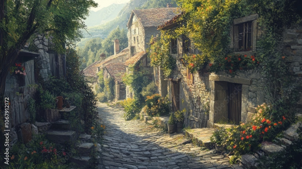 A cobblestone street winds through a charming, stone village nestled in a valley, bathed in the golden light of a summer morning. A cobblestone street winds through a charming, stone village nestled in a valley, bathed in the golden light of a summer morning.