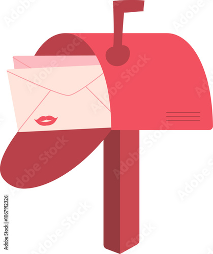 Cartoon mailbox with a heart envelope and romantic love message inside. Concept of cute postal communication, celebration, and delivery. Ideal for Valentine's Day romantic invitations.