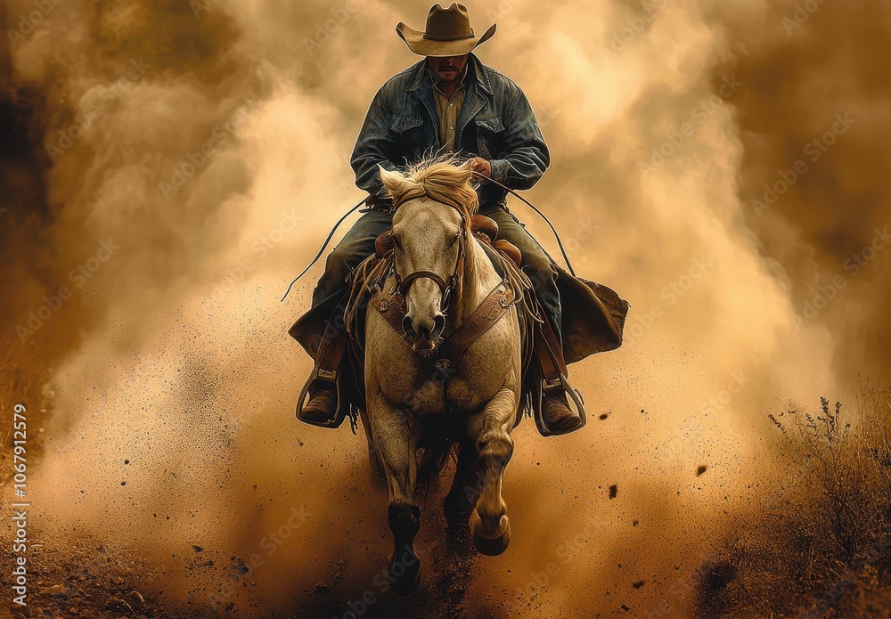 Fototapeta premium Bold cowboy riding through a dusty dark backdrop on a galloping horse