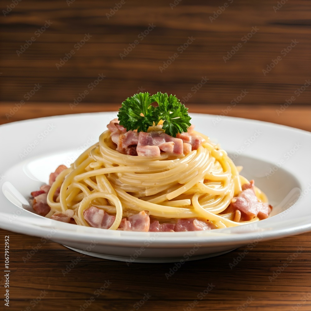 The picture shows a plate of creamy carbonara spaghetti topped with cooked ham pieces. The picture shows a plate of creamy carbonara spaghetti topped with cooked ham pieces.