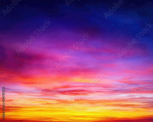 A vibrant sunset with hues of purple, pink, and gold, scattered stars twinkling against a deep blue sky.