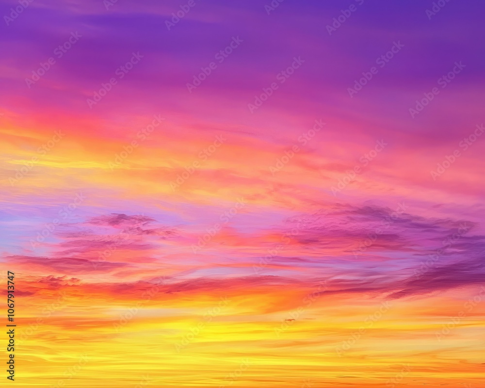 Obraz premium A vibrant sunset sky featuring a stunning blend of purple, orange, and pink hues, creating a serene and picturesque atmosphere.