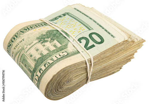 20$ bills. Stack of twenty American bills. Cash wad roll. Money rolled in half with rubber band. Green USA bank notes. USD banking saving. Paper money note. Business success. Rich. Isolated background