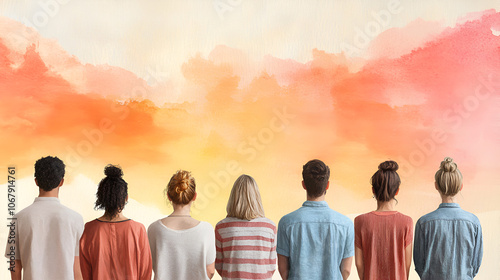 Diverse group of people gathered in a community center for spiritual worship hope and togetherness depicted in a warm watercolor  photo