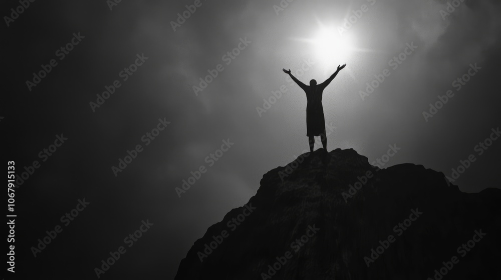 Triumph of Morality - Person on Cliff with Arms Raised in Victory Against Dark Shadows Below in Symbolic Image of Good Over Evil Triumph of Morality - Person on Cliff with Arms Raised in Victory Against Dark Shadows Below in Symbolic Image of Good Over Evil
