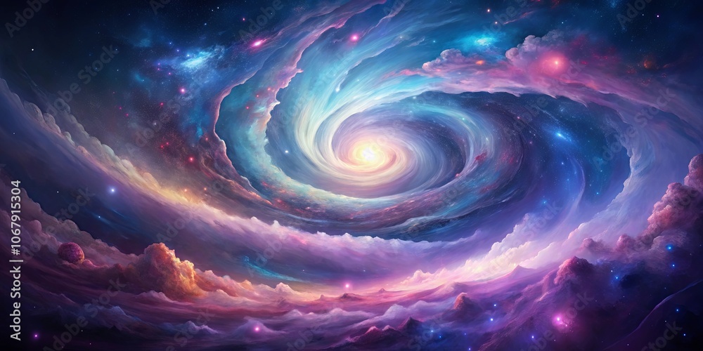 A Cosmic Swirl Encompasses a Celestial Landscape with Glowing Clouds and Distant Stars A Cosmic Swirl Encompasses a Celestial Landscape with Glowing Clouds and Distant Stars