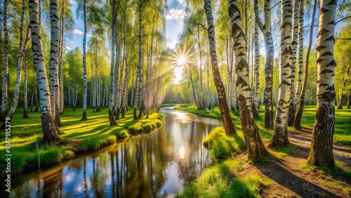 Golden rays illuminate a tranquil birch grove with a winding river flowing through the heart of the forest, creating a serene and captivating landscape.