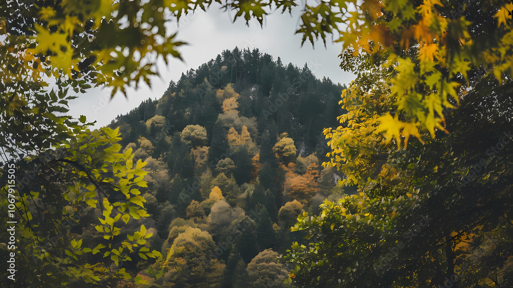 Fototapeta premium Scenic view of a mountain surrounded by vibrant autumn foliage, showcasing a blend of yellow, orange, and green leaves against a cloudy sky. Perfect for nature enthusiasts.