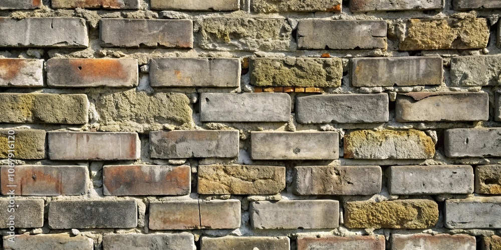 Naklejka premium A Weathered Brick Wall With Varied Hues And Mortar Lines, Showcasing The Rugged Beauty Of Time