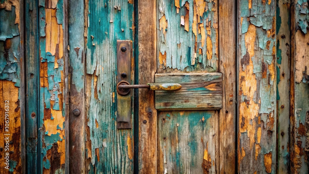 The weathered wooden door with chipped paint and an aged metal handle reveals a history of time and wear The weathered wooden door with chipped paint and an aged metal handle reveals a history of time and wear
