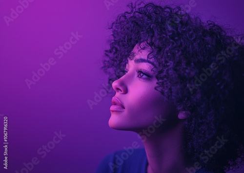 Attractive curly-haired woman, wearing a brown top, looking back at the camera, isolated on a dark purple background. This high-resolution photograph shows detailed skin and studio lighting. 