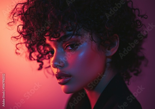 Attractive curly-haired woman, wearing a brown top, looking back at the camera, isolated on a dark purple background. This high-resolution photograph shows detailed skin and studio lighting. 