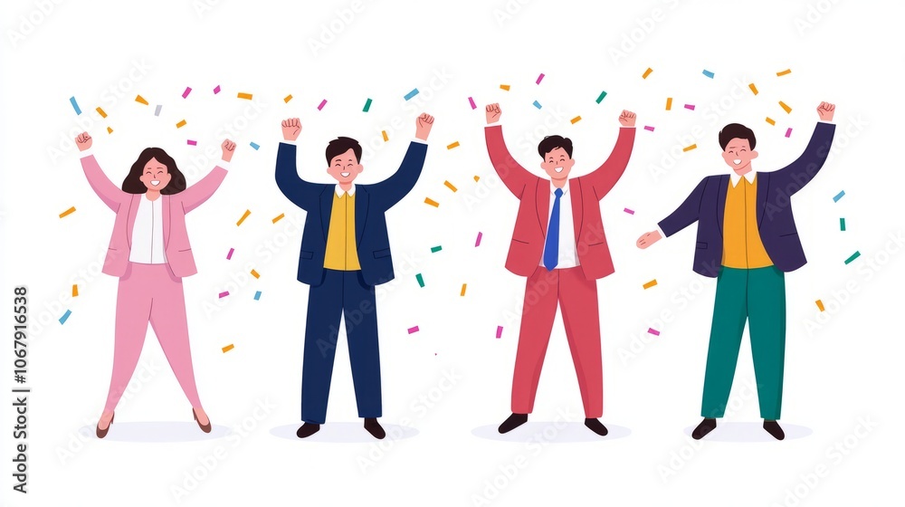 A group of four people celebrating with raised arms and confetti.