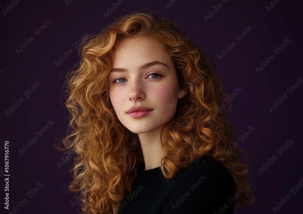 Attractive curly-haired woman, wearing a brown top, looking back at the camera, isolated on a dark purple background. This high-resolution photograph shows detailed skin and studio lighting. Attractive curly-haired woman, wearing a brown top, looking back at the camera, isolated on a dark purple background. This high-resolution photograph shows detailed skin and studio lighting.