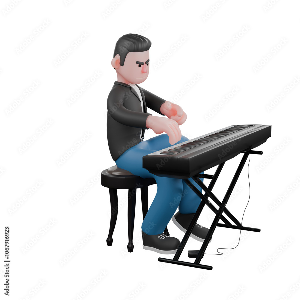 3D Musician Model. A male musician is sitting on a chair with both hands raised above the piano. Animated Style 3D Musician Model. A male musician is sitting on a chair with both hands raised above the piano. Animated Style