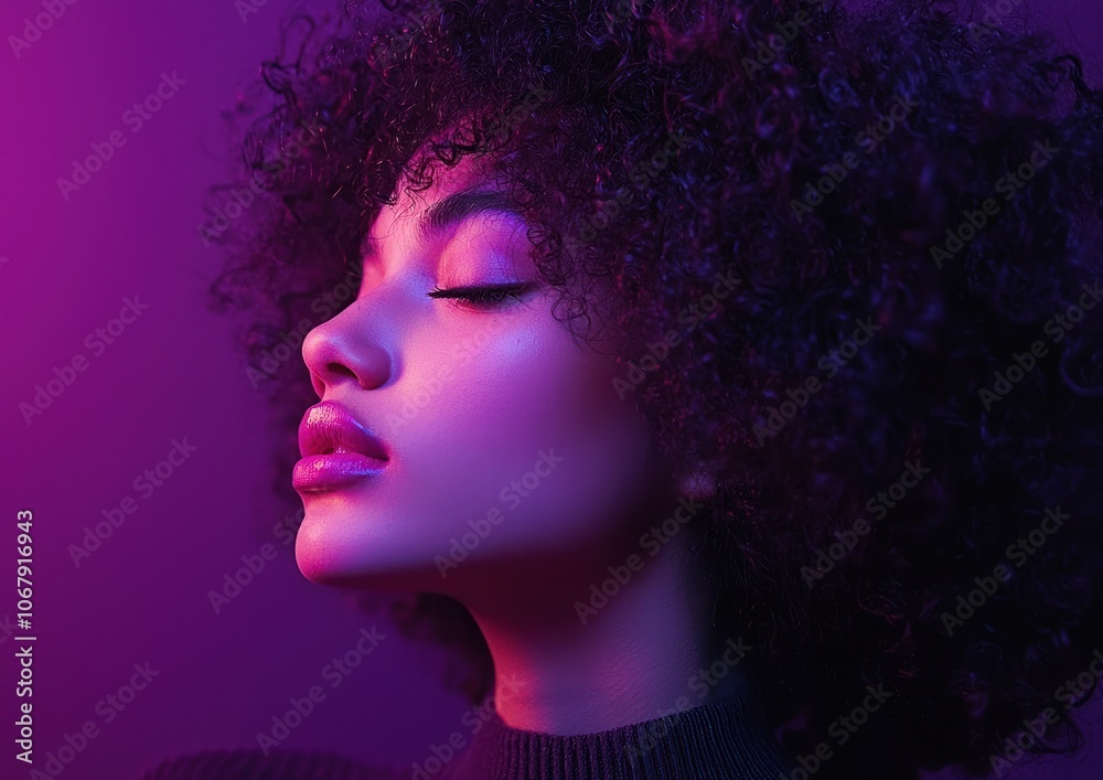 Attractive curly-haired woman, wearing a brown top, looking back at the camera, isolated on a dark purple background. This high-resolution photograph shows detailed skin and studio lighting. Attractive curly-haired woman, wearing a brown top, looking back at the camera, isolated on a dark purple background. This high-resolution photograph shows detailed skin and studio lighting.
