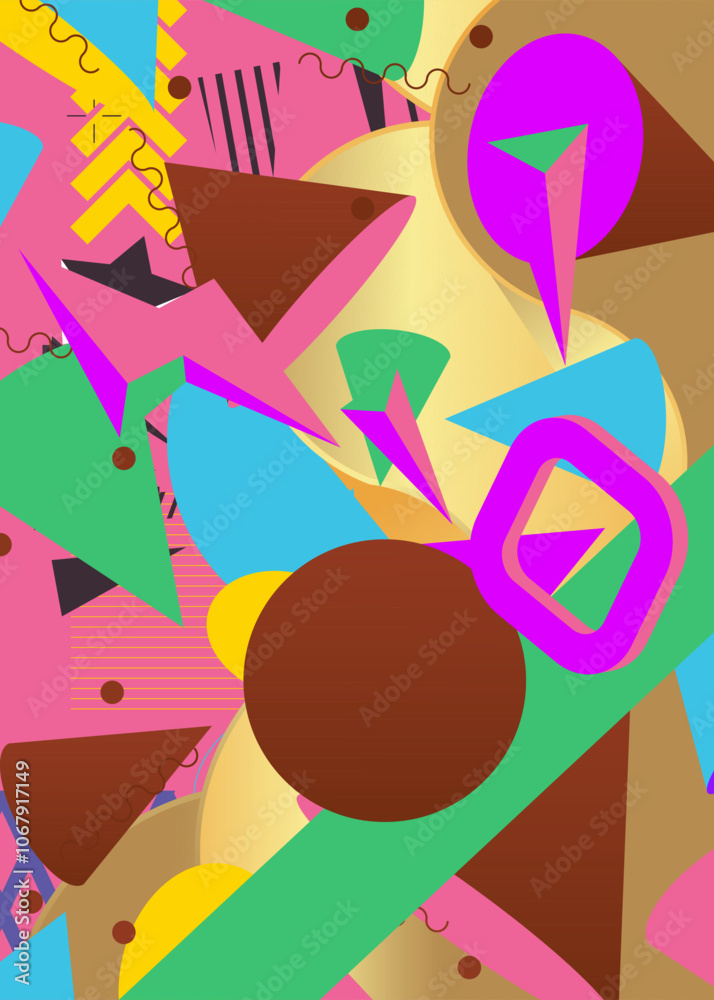 Fototapeta premium Busy geometrical graphic retro theme cover. Minimal geometric elements poster design. Vintage abstract shapes template for poster banner.
