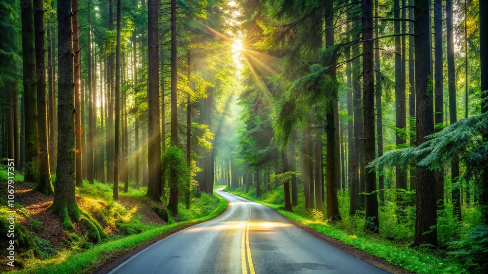 A winding road through a sunlit forest, with tall trees casting long shadows and sunlight filtering through the canopy.