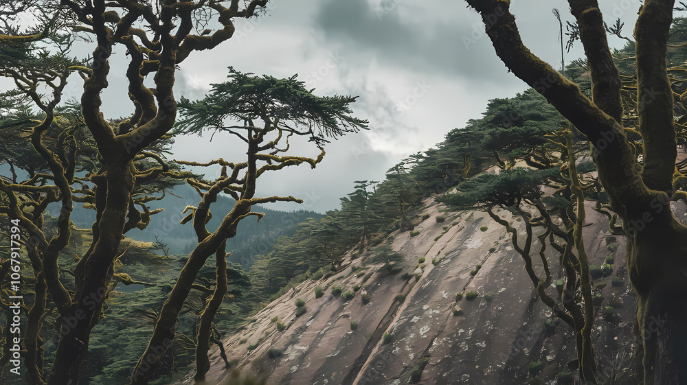 Scenic view of a moss-covered rocky hill surrounded by lush, twisted trees under a dramatic cloudy sky, capturing the beauty of nature in a tranquil landscape.