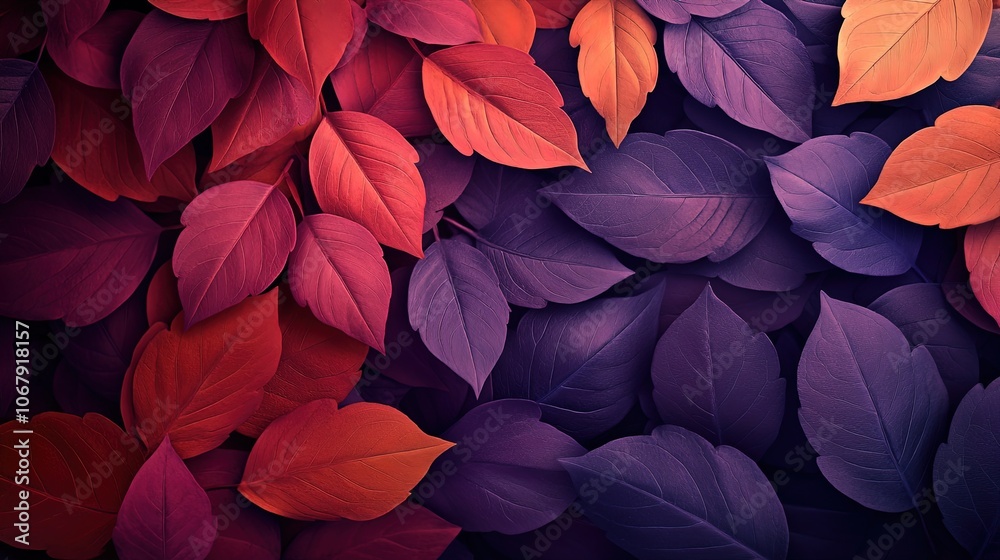 Colorful leaves in shades of red and purple create a vibrant pattern. Colorful leaves in shades of red and purple create a vibrant pattern.