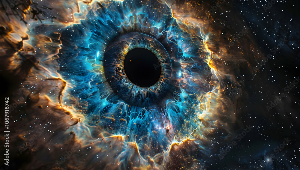 A giant eye in space, the iris is blue and has many colors, against a black background, with a galaxy and stars surrounding it. A giant eye in space, the iris is blue and has many colors, against a black background, with a galaxy and stars surrounding it.