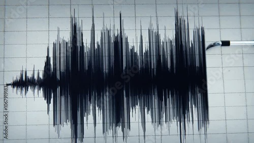 Seismograph Record of an Earthquake on old paper. Hd 3d animation video showing a close-up shot of the seismograph pen