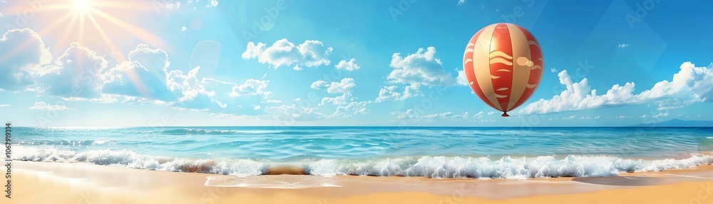 Single balloon with sun and beach design, isolated on white background, highresolution, summer vacation concept, detailed and fun, vibrant colors Single balloon with sun and beach design, isolated on white background, highresolution, summer vacation concept, detailed and fun, vibrant colors