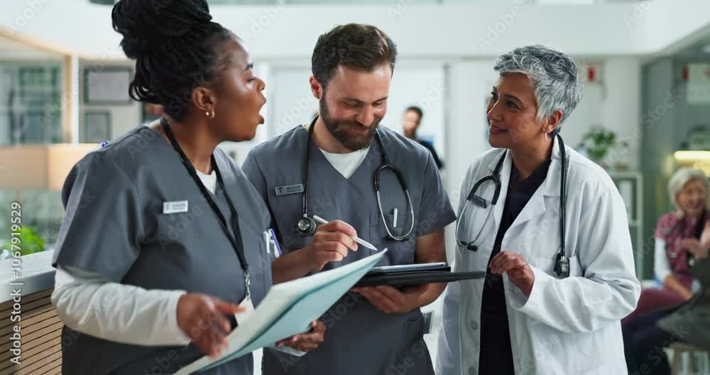 Tablet, group and doctor with nurses for discussion, planning or help interns in hospital. Technology, medical team and people talk to happy surgeon for training, meeting and healthcare for wellness