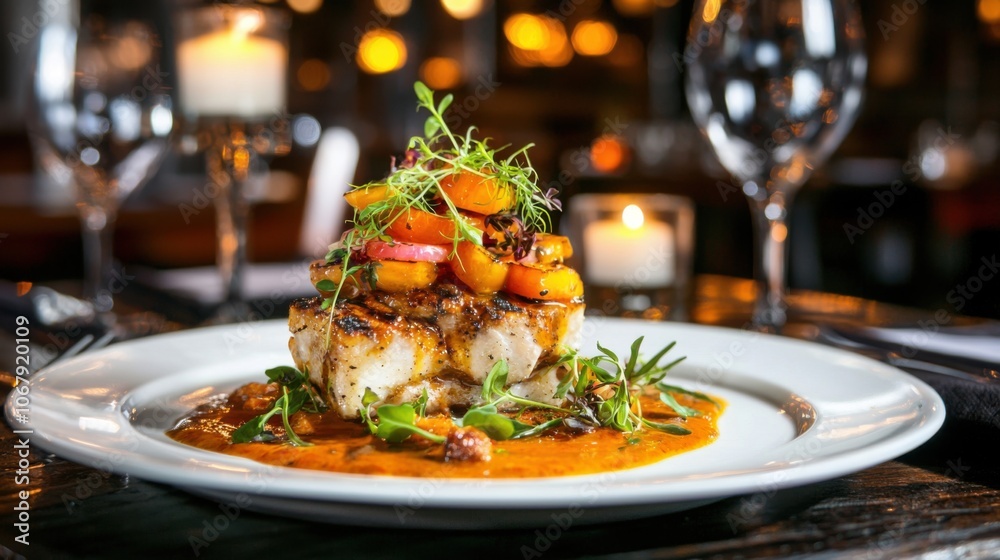 Exquisite Gourmet Dish with Vibrant Sauces and Detail