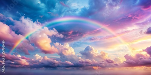 A celestial canvas painted with soft hues, a majestic rainbow arching through ethereal clouds, a spectacle of nature's artistry.