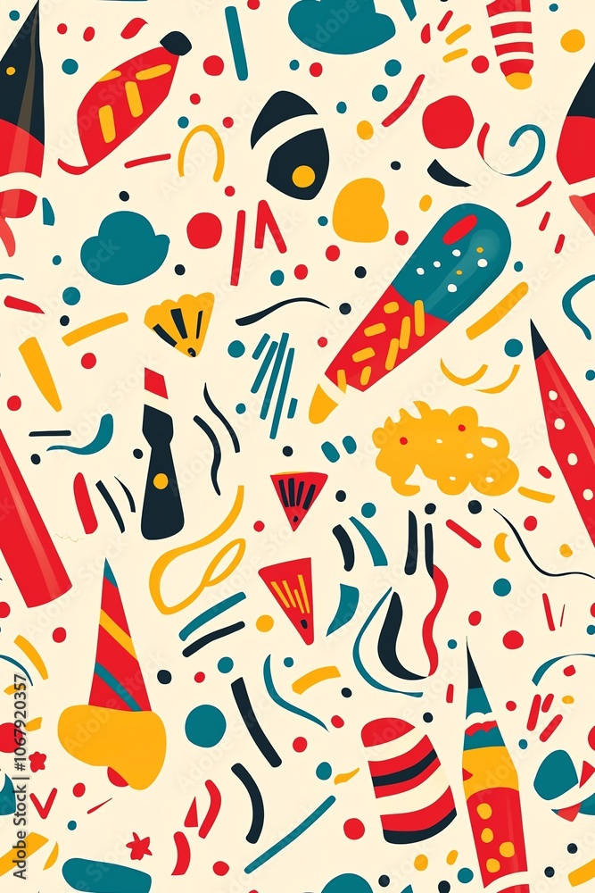 Obraz premium Playful new year celebration motifs pattern, miniature party elements, confetti poppers, happy clouds, cheerful design