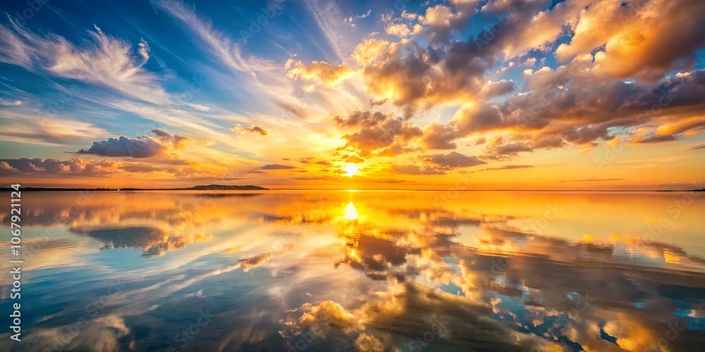 A Golden Hour Reflection of the Sun on a Calm Water Surface, Illuminating the Sky with Vibrant Colors and Intricate Cloud Patterns A Golden Hour Reflection of the Sun on a Calm Water Surface, Illuminating the Sky with Vibrant Colors and Intricate Cloud Patterns