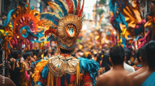 A breathtaking view of a large cultural festival parade, filled with vibrant costumes, intricate designs, and a crowd celebrating diversity and togetherness