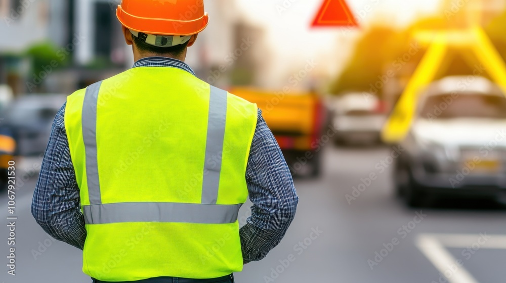 Worker in Reflective Jacket and Hard Hat on Road Worker in Reflective Jacket and Hard Hat on Road