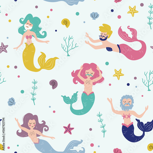 Transgender Mermaid seamless pattern. Background with colorful ocean elements.