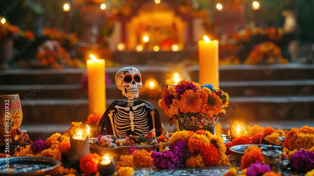 Obraz premium A captivating scene of Day of the Dead sugar skeletons in San Miguel De Allende, with colorful designs and festive decorations, embodying the lively spirit of the celebration