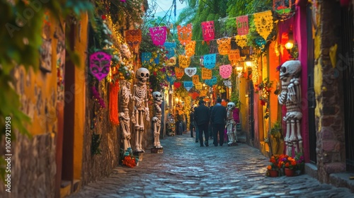 A captivating scene of Day of the Dead sugar skeletons in San Miguel De Allende, with colorful designs and festive decorations, embodying the lively spirit of the celebration