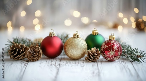 A Christmas-themed toy frame filled with golden, red, and green baubles, fir tree branches, and pine cones, beautifully arranged on a white wooden table for a seasonal greeting