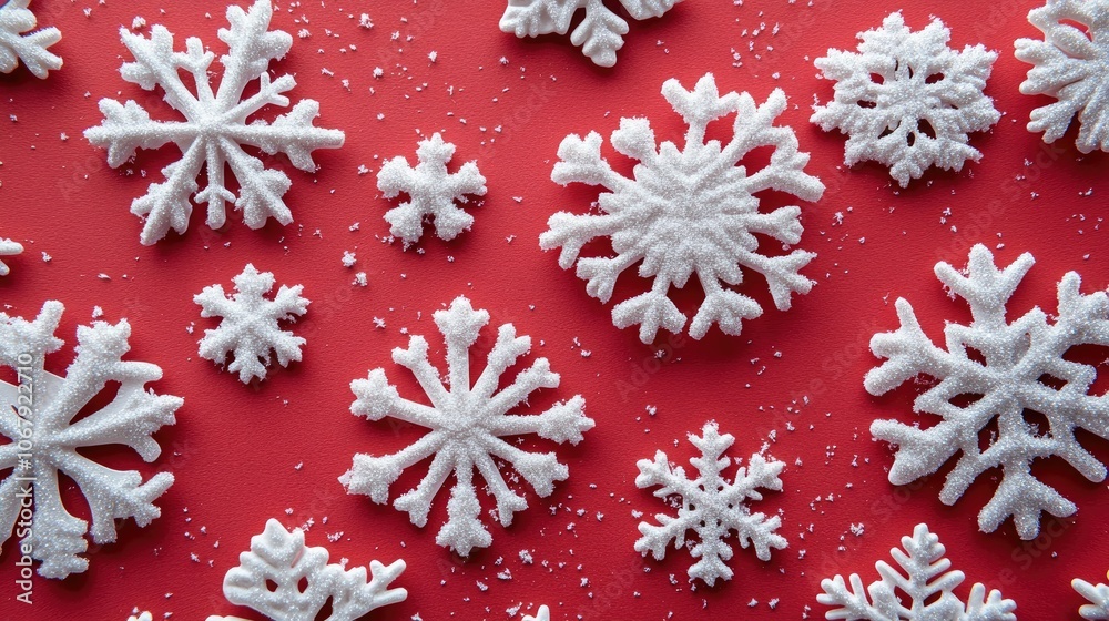 A contemporary and elegant Christmas card featuring white snowflakes on a red background, with plenty of space for heartfelt holiday messages and wishes