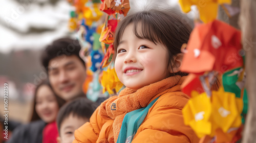 Joyful Asian girl smiling amidst colorful decorations