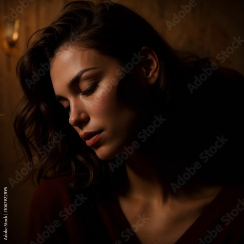 A young woman with fair skin and wavy, shoulder-length brown hair. She has a contemplative expression, with her eyes closed and lips slightly parted. She is wearing a dark maroon V-neck sweater. 