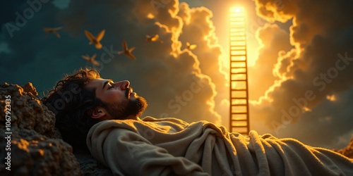 Bible story, Jacob’s Dream of a Ladder to Heaven, Jacob lying asleep on a rock, with a golden ladder extending to heaven, angels ascending and descending. photo