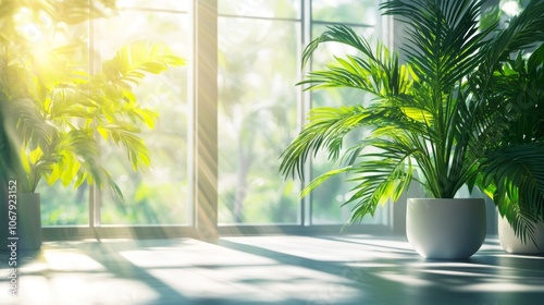 Bright office environment with large windows and lush green plants creating a refreshing work atmosphere in the morning light