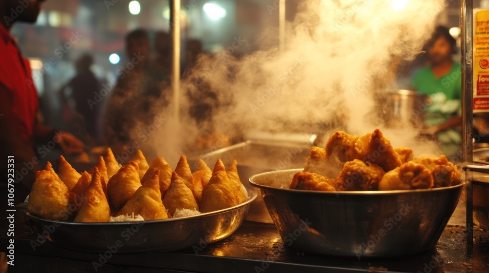 Street Food Delights: Samosas Steaming at an Indian Food Stall Street Food Delights: Samosas Steaming at an Indian Food Stall
