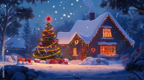 A heartwarming holiday greeting with a joyful house adorned with a Christmas tree, snowflakes, and colorful decorations, conveying happiness and festive cheer