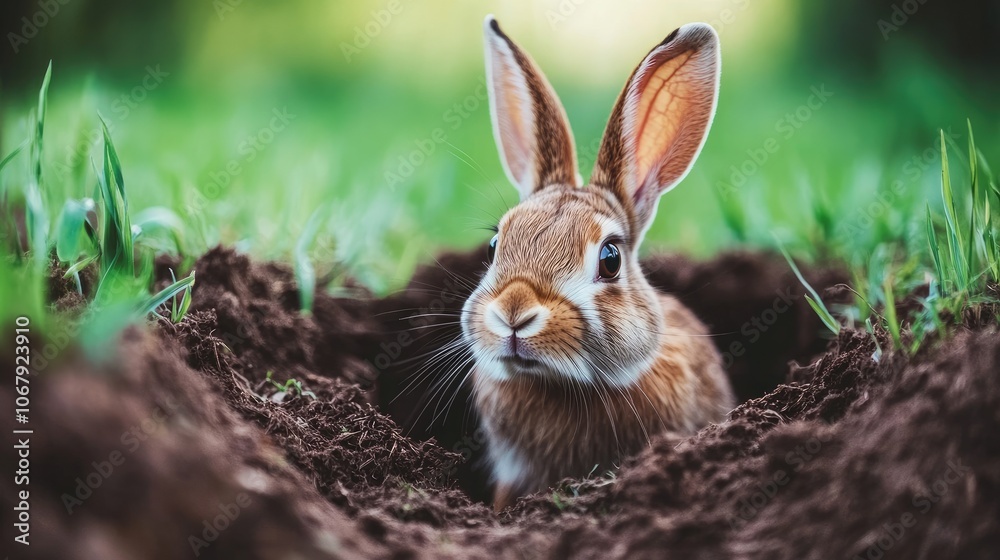 Cute Rabbit Emerging from a Burrow in Green Field Cute Rabbit Emerging from a Burrow in Green Field