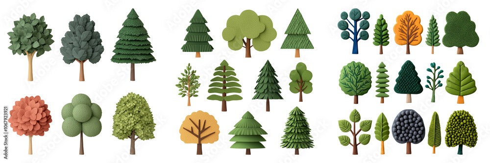 A Vibrant Collection of Stylized Trees and Foliage in Various Shapes and Textures for Creative Projects A Vibrant Collection of Stylized Trees and Foliage in Various Shapes and Textures for Creative Projects