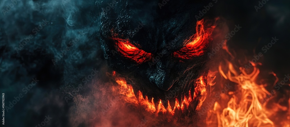 Dark, fiery face emerging from smoke, evoking a menacing presence. Dark, fiery face emerging from smoke, evoking a menacing presence.