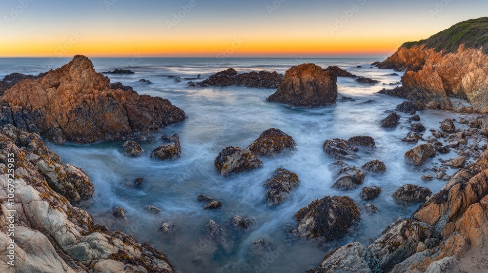Serene Coastal Sunset Over Rocky Shoreline Serene Coastal Sunset Over Rocky Shoreline